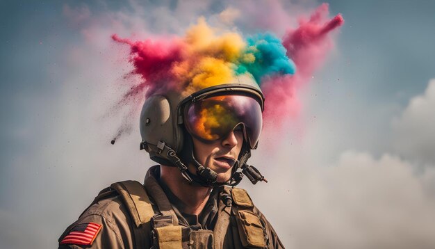 Foto un hombre en uniforme militar con un humo de color arco iris en el fondo