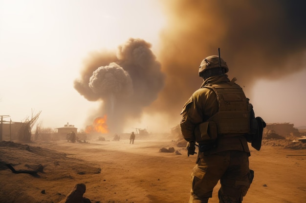 Hombre con uniforme militar parado frente a una gran columna de humo IA generativa