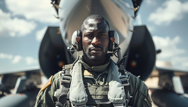 Foto un hombre en uniforme militar de pie frente a un avión de combate