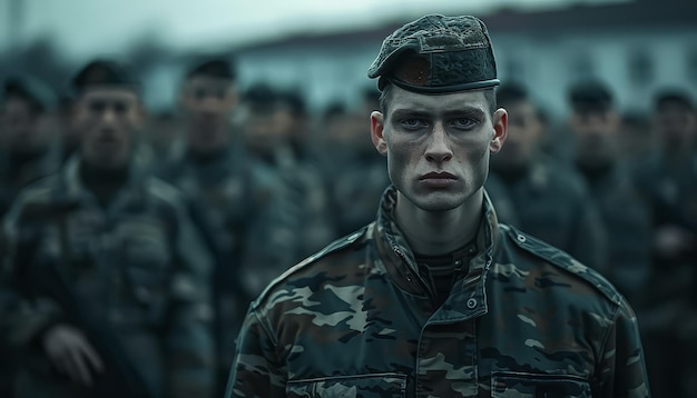 Un hombre con un uniforme militar de pie frente a un grupo de soldados