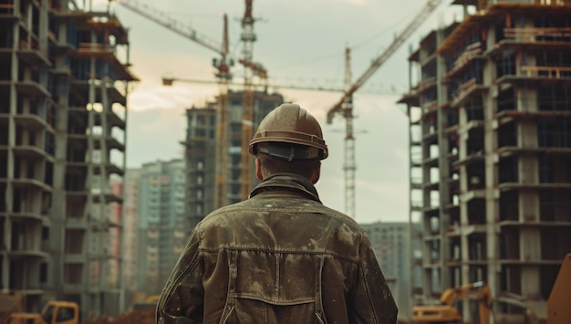 un hombre en uniforme militar de pie frente a un sitio de construcción