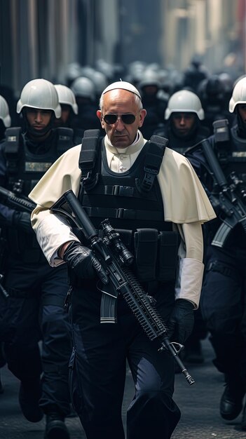 Foto un hombre con un uniforme militar con una pistola en la mano y las palabras la palabra en la espalda