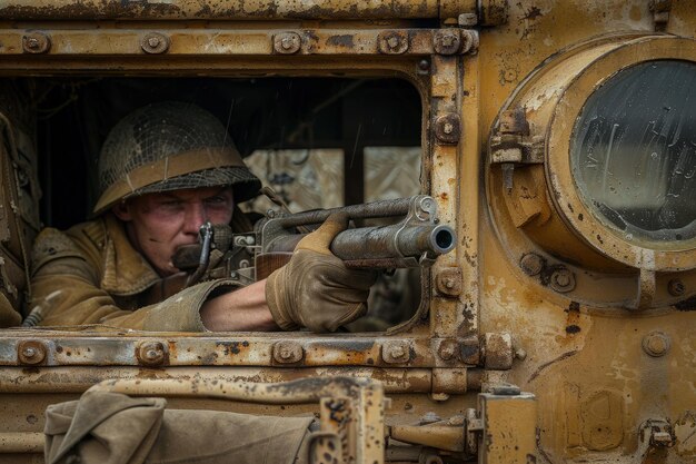 Foto un hombre con un uniforme militar sosteniendo un arma