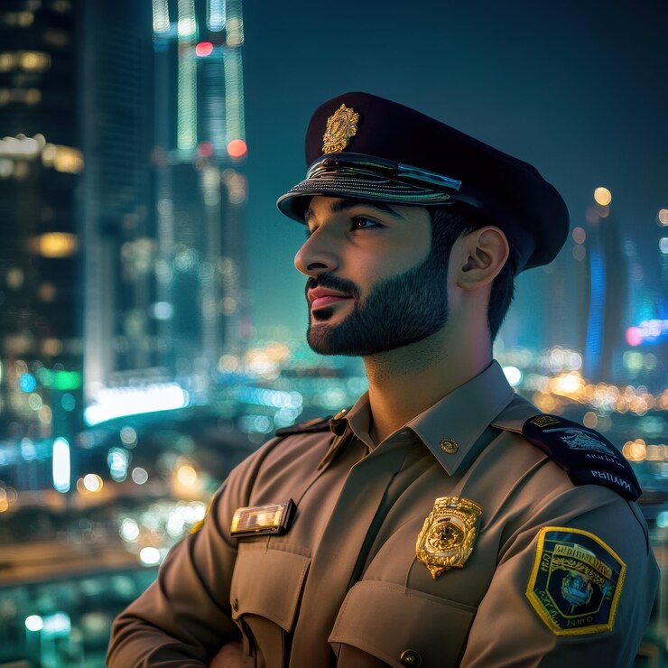 un hombre en uniforme con la palabra policía en su camisa