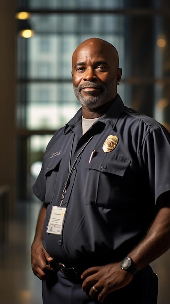 un hombre con uniforme de policía parado en un edificio