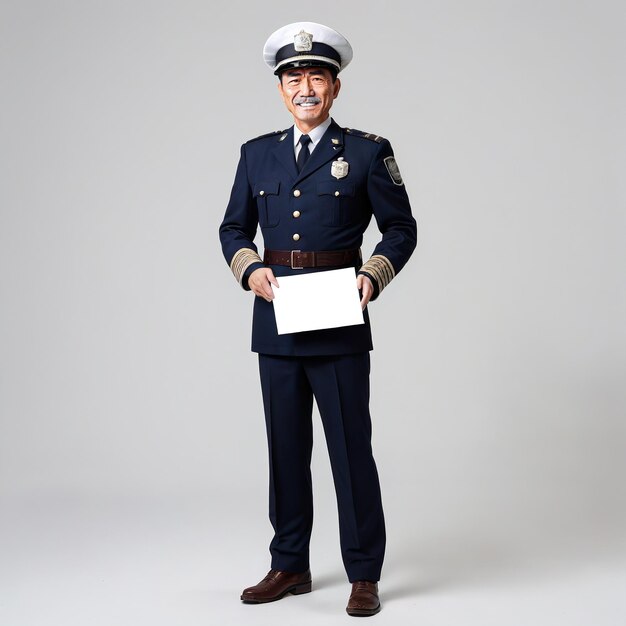 Foto un hombre en uniforme sosteniendo un papel en blanco