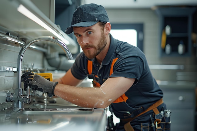 Foto un hombre en un uniforme de trabajo arreglando un fregadero en una cocina con una llave inglesa