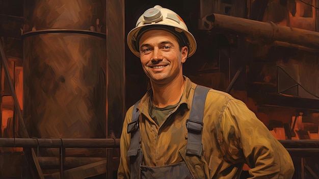 hombre en uniforme de trabajo sonriendo al frente en el estilo de construcción modular