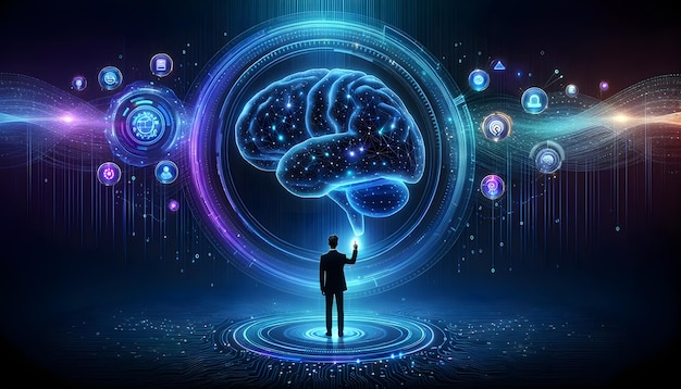 Hombre del universo cerebral digital interactuando con neurotecnología avanzada e interfaz holográfica