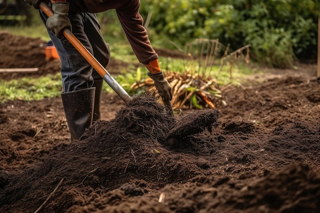 Hombre usa horca para airear la pila de compost IA generativa