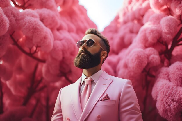 un hombre usa traje rosa en el mundo rosa