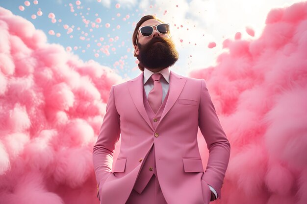 un hombre usa traje rosa en el mundo rosa