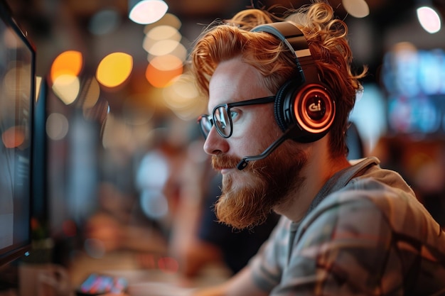 Foto un hombre usando un auricular con gafas y un auricular