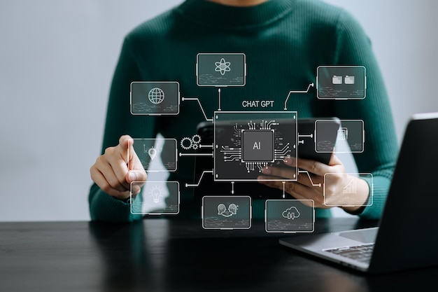 Hombre usando chat bot en inteligencia de teléfono inteligente Ai Chat con inteligencia artificial desarrollada