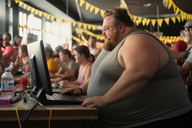 Foto hombre usando la computadora en un evento ocupado