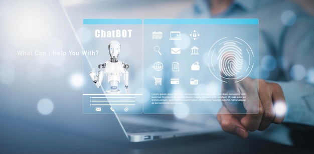 Hombre usando una computadora portátil y una barra táctil Chat bot Chat con AI Sistema de inteligencia artificial Inteligencia artificial un chatbot de inteligencia artificial Chatbot digital Conversación de aplicación de robot