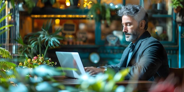 Hombre usando computadora portátil en un café para negocios de marketing digital y procesamiento de datos Concepto Estrategias de marketing digital Herramientas de negocio Análisis de datos Computadora portátil Estilo de vida Café Espacio de trabajo