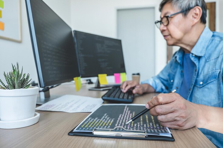 Foto hombre usando computadora portátil en la mesa