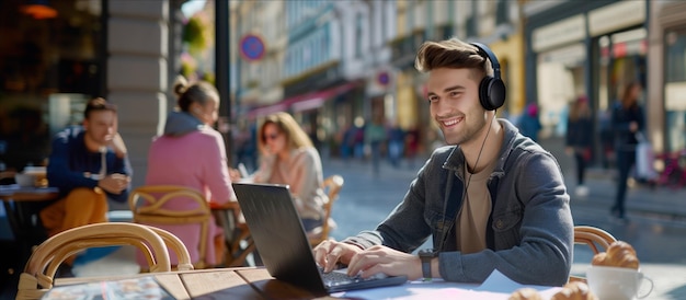 El hombre usando la computadora portátil en la mesa