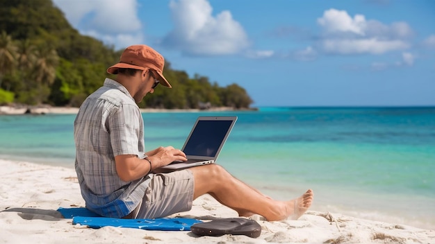 Un hombre usando una computadora portátil en la playa tropical de vacaciones