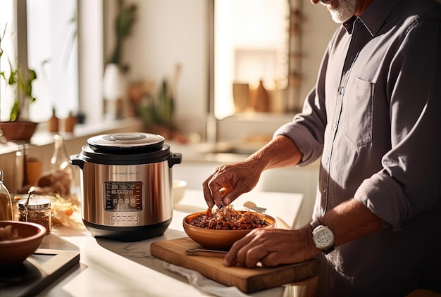 hombre usando una cuchara para llenar un tazón y arroz en una olla a presión eléctrica al estilo de color marrón claro