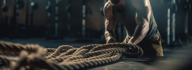 Foto hombre usando las cuerdas en el gimnasio para desarrollar la fuerza del brazo ai generativo