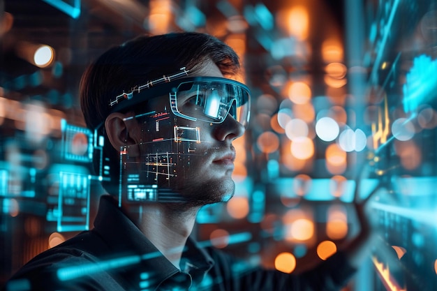 Hombre usando gafas de realidad aumentada con interfaz futurista.