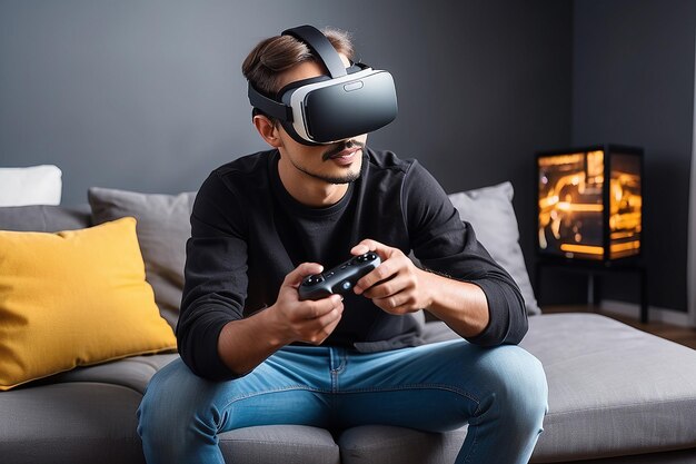 hombre usando gafas de realidad virtual y jugando videojuegos