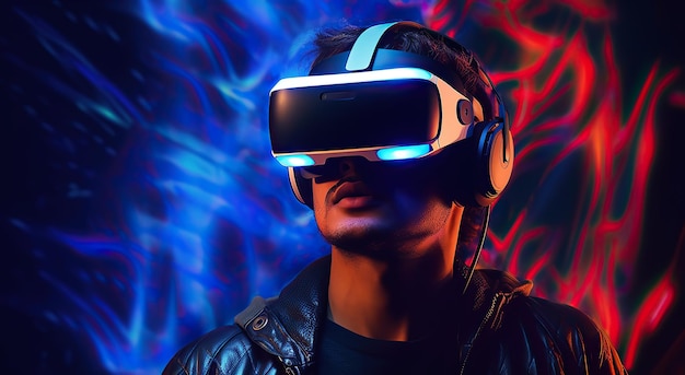 Hombre usando gafas de realidad virtual sobre fondo oscuro Gafas VR Dispositivo de auriculares realidad virtual