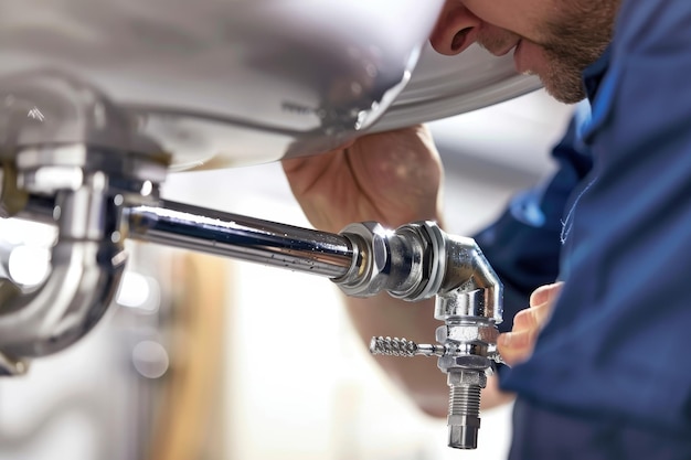 Foto un hombre está usando una llave inglesa para trabajar en un objeto metálico enfocado y absorto en la tarea de reparación un fontanero arreglando una tubería con fugas debajo de un fregadero