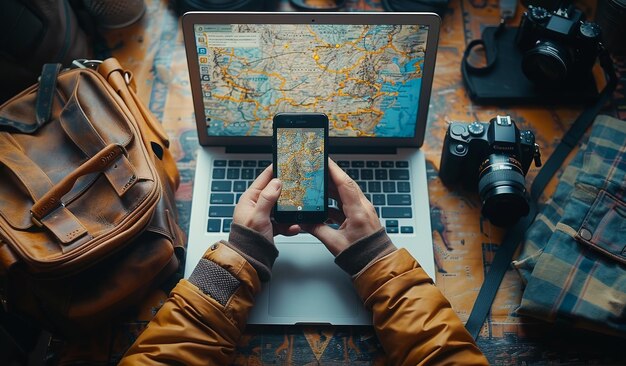 Foto hombre usando mapa y teléfono para planear el viaje