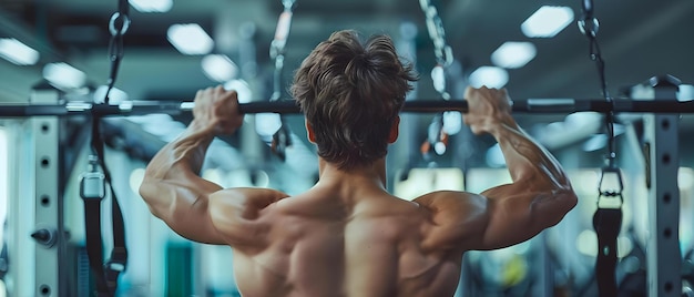 Hombre usando una máquina de tracción del hombro en el gimnasio trabajando en la fuerza de la parte superior del cuerpo y construyendo la espalda muscular Equipo de gimnasio conceptual Fuerza de la parte alta del cuerpo Máquina de tracción de hombro espalda muscular