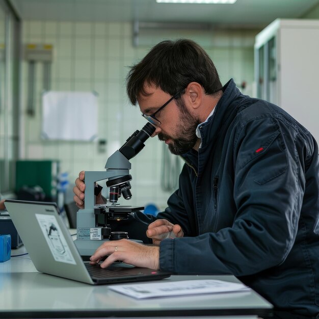 Hombre usando un microscopio con una computadora portátil