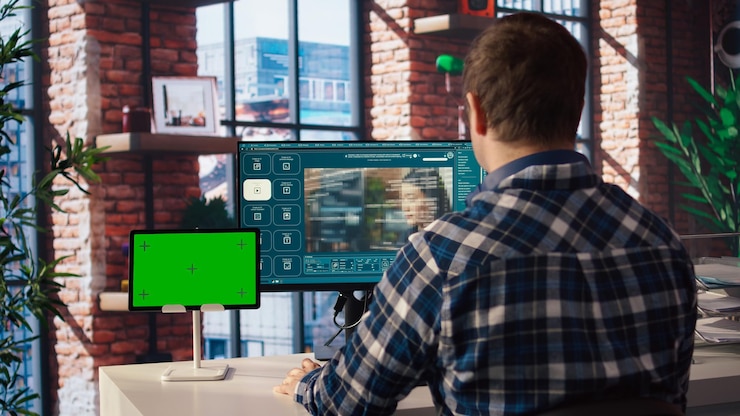 Foto hombre usando modelos generativos de texto a video en computadora y tableta de tecla de croma