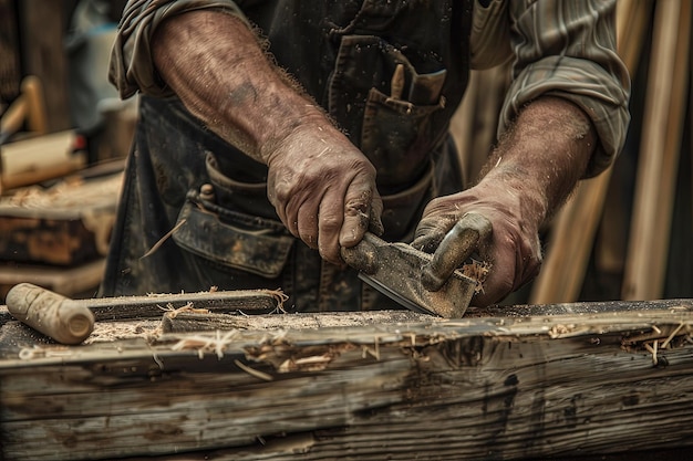 Un hombre usando una plancha en una pieza de madera