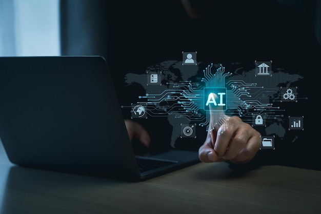 Hombre usando portátil y toque cadena de red virtual de AI digital transformación digital gestión del cambio internet de las cosas inteligente tecnología AI conceptos IoT iconos de negocios inteligente Internet de las cosas