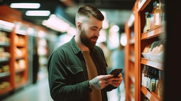 Un hombre usando su teléfono celular mientras está en una tienda de supermercado IA generativa