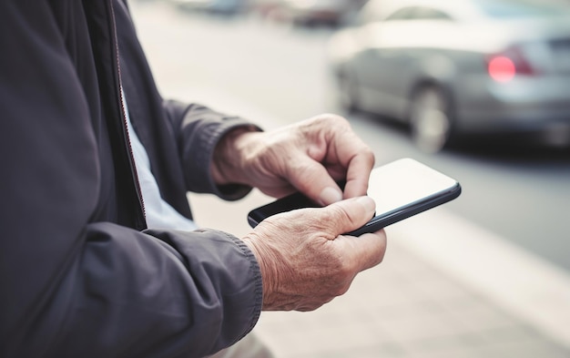 Un hombre usando su teléfono inteligente en una calle de la ciudad.