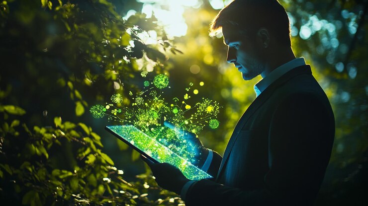 Hombre usando una tableta en un bosque exuberante al atardecer explorando la creatividad digital y la belleza de la naturaleza