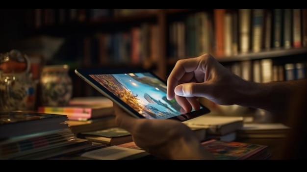 Hombre usando tableta en un primer plano de la biblioteca Tecnología y concepto educativo