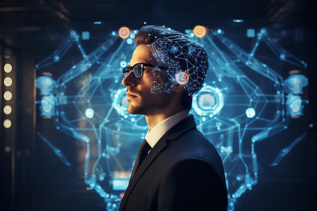 Hombre usando tecnología de inteligencia artificial para analizar visualmente una gran red de datos