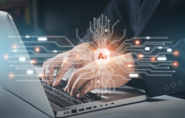 Hombre usando tecnología robot inteligente IA inteligencia artificial mediante la entrada del mensaje de comando