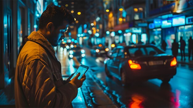 Hombre usando el teléfono en la calle con una mochila