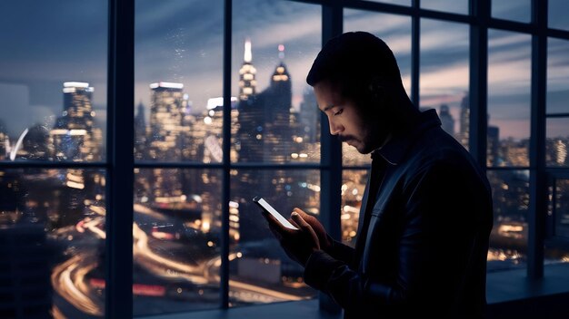 Hombre usando teléfono inteligente cerca de la ventana