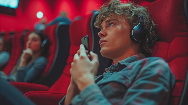 Foto un hombre usando un teléfono móvil de manera inapropiada en un teatro molestando a otra persona