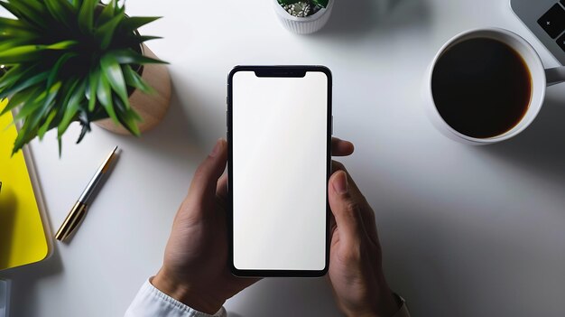 Hombre usando teléfono móvil en la oficina mesa de escritorio blanca con computadora de escritorio suplemento de oficina IA generativa