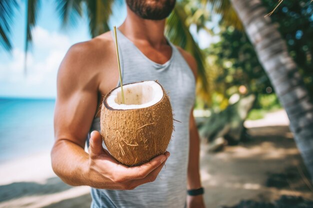 Un hombre de vacaciones refrescante cóctel de coco con una pajita perfecto para un día soleado en la playa