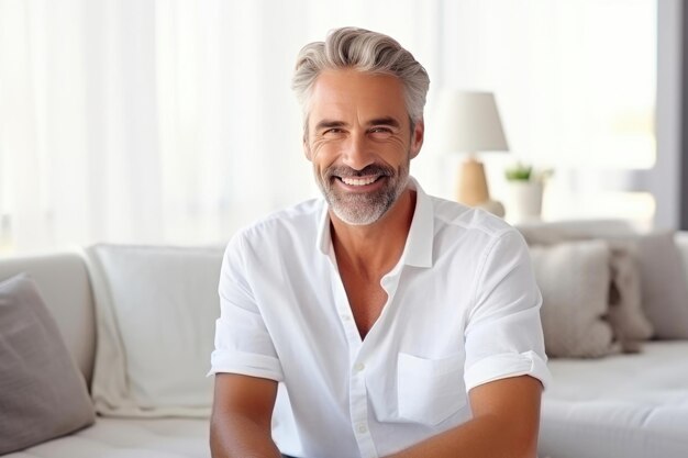 Foto hombre valiente encontrando la serenidad en el sofá blanco