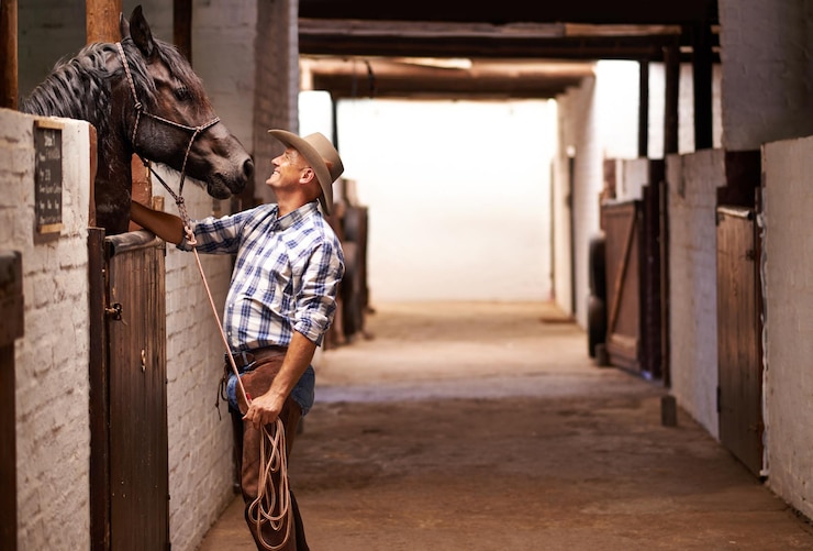 Foto hombre vaquero y caballo en el establo con cheque para el cuidado del crecimiento y desarrollo en la granja o el campo persona animal o mascota con conexión de amor y vínculo para el bienestar con la naturaleza en texas
