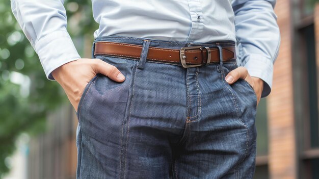 Un hombre con vaqueros azules y una camisa azul con una mano en el bolsillo